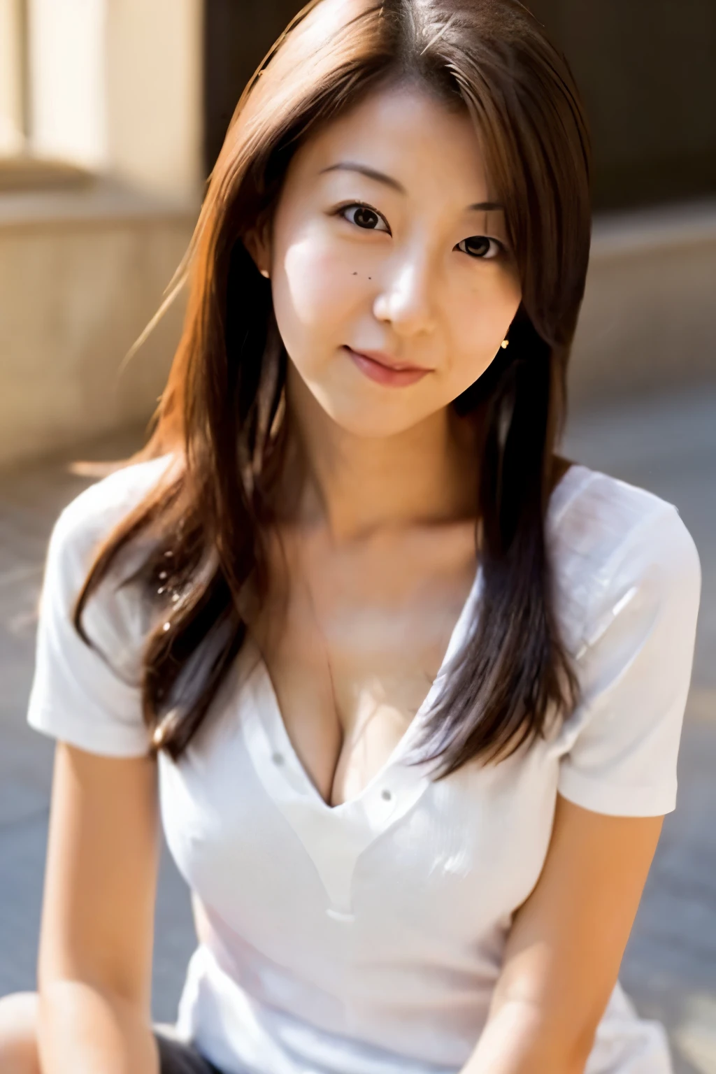 (8K, RAW photo, high quality, High resolution:1.1), Skinny Japanese woman, 30 years old, small breasts, very thin waist, (hyperrealistic:1.4), (realistic, photorealistic:1.3), soft light, realistic face, small face, cute face, realistic body, realistic skin, disorganized, masterpiece, (cute:1.8), (leaning forward:1.8), (From above:1.2), (close:1.4), (crawl on all fours), (white loose t-shirt:1.2), (Beautiful breasts:0.9), (long hair, ponytail), ((cleavage)), fine black eyes, innocent eyes, droopy eyes, Watery eyes, open lips, blush, good style, cinema light, film Grain, look viewer, full Body, Depth of field, blurred background, Eye focus, young, 85mm lens, f/1.4, professional lighting, portrait, photon mapping, radio city, Physically based rendering, Transparency, Day book girl, Day, Sunny, outdoor