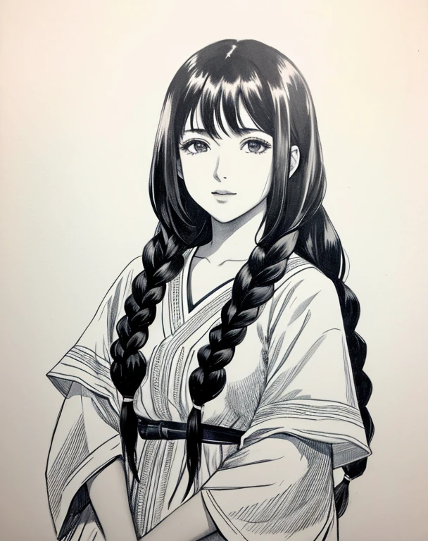 Lynn Minmay, 1 Mädchen, Allein, monochrome, flechten, den Betrachter anschauen, tragen, lange Haare, traditionelle Medien, Unterschrift, Streifen, erfinden, eigene Hände zusammen, schwarzes Haar, Stengel, Lippenstift, Haare durchstechen, Künstlername, twin flechtens, Brautstulpen, ärmellos