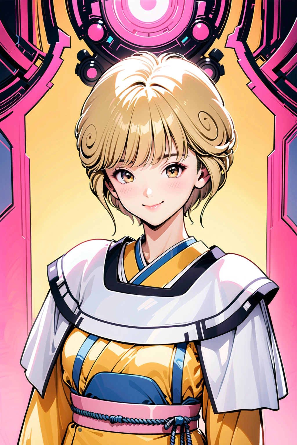 masterpiece, highest quality, divine qualities, godlike art, highly detailed face, very realistic, cute, Ai Amano,1 girl,alone,short hair,blonde hair,smile,closed mouth,brown eyes,Yellow short kimono, white pantyhose, white capelet, pink obi, pink ribbon,simple background,Upper body,Cyberspace Background,