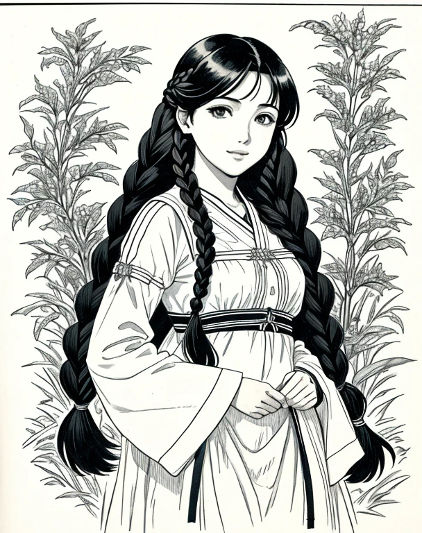 Lynn Minmay, 1 garota, Sozinho, monochrome, braid, olhando para o espectador, vestir, cabelo longo, Traditional media, assinatura, franja, inventar, own hands lift skirt,expor calcinha , cabelo preto, tronco, batom, furar cabelo, nome do artista, twin braids, manoplas de noiva, sem mangas