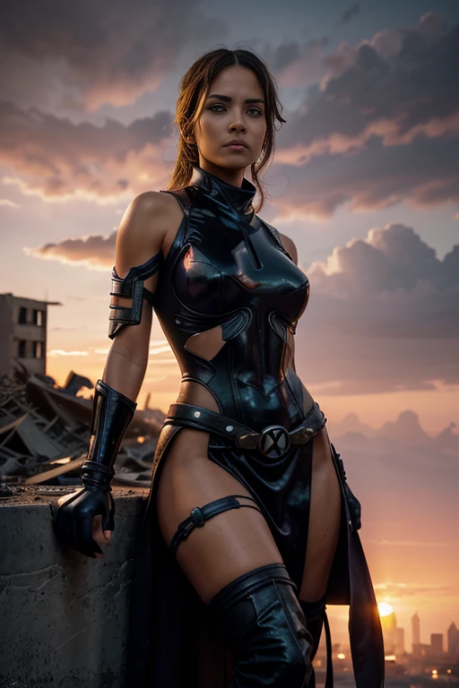 Halle Berry、allongé、Costume déchiré、je porte une jupe、chef-d&#39;œuvre, 1 fille, マーベルのサイロックとしてBeau女性, X-Men Psylocke Cosplay、costume violet、Des traits fins et délicats, fond futuriste de new york, la science-fiction, blond, Super Héroïne, Héroïque, équilibre parfait, photographier, 超Réaliste, chef-d&#39;œuvre, 8k, appareil photo grand format, objectif 110 mm, dynamic Lumièreing, rim Lumièreing、art officiel, extremely detailed CG 8k wallpaper, perfect Lumièreing, De couleur, brillant_montant_méthode_Lumière, piel brillant, (chef-d&#39;œuvre:1.0), (mieux_qualité:1.0), ultra haute résolution, 4k , Super détaillé, director of photographiery, 8k, HDR, Altas ResoLumièreones, (confus:1.2), portrait kodak 400, grain de film, Arrière-plan flou, (bokeh:1.2), reflet, (vivant_couleur:1.2), プロのphotographier撮影, (Beau_méthode:1.5),More detailed 8k.Moteur irréel:1.4,Hmm,La mieux calidad:1.4, Réaliste:1.4, température de la peau:1.4, chef-d&#39;œuvre:1.8,chef-d&#39;œuvre, mieux calidad,objet Objet], (traits du visage détaillés:1.3),(Ville détruite apocalyptique anti-sédentaire:1.4), (coucher de soleil apocalyptique:1.4)