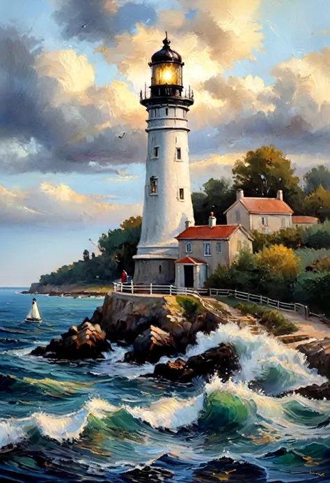 phare vu de la mer,phare vu du bateau,peinture de paysage,border between day and night,lighthouse light,security feeling,le rend...