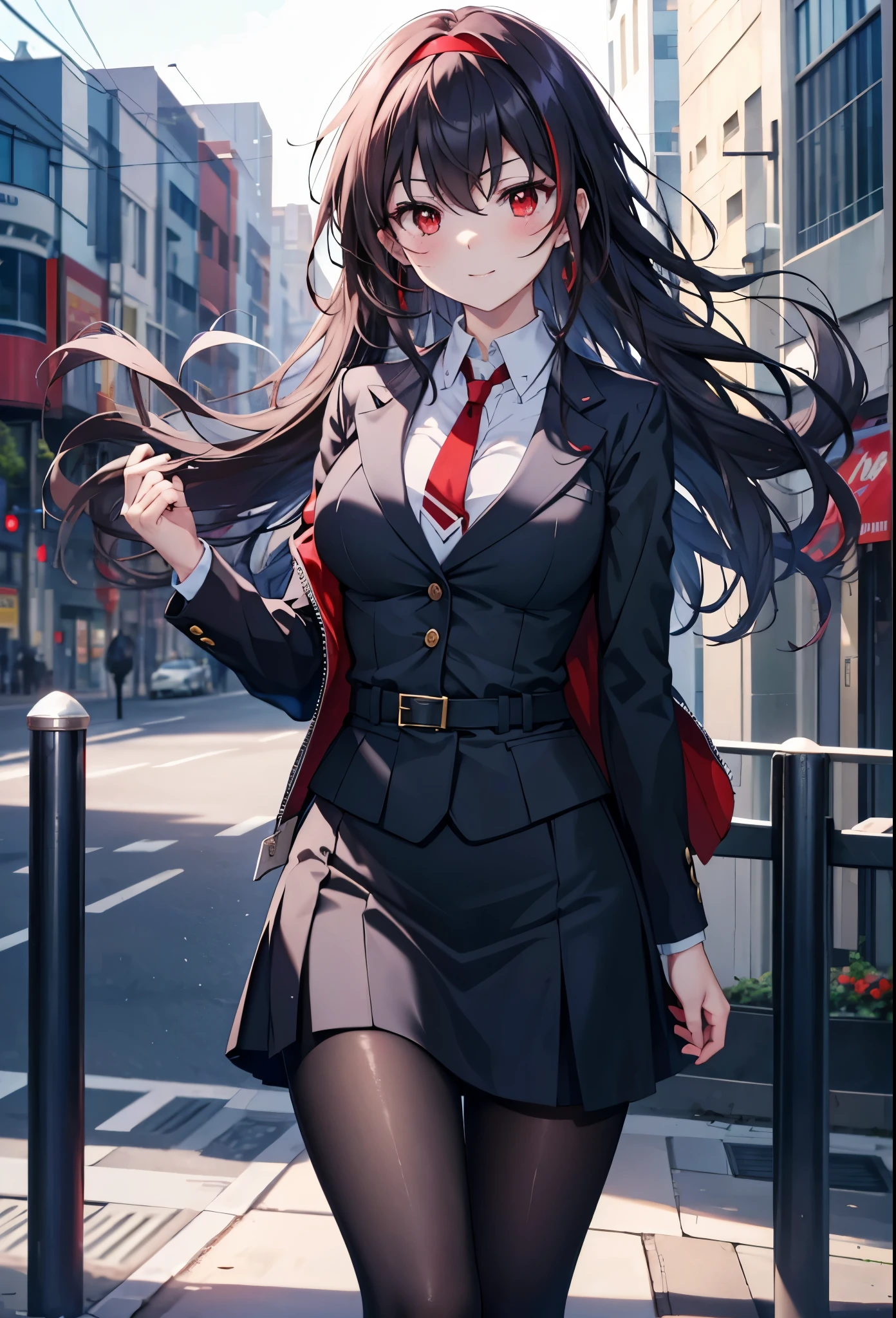 Commercial Purpose, utaha kasumigaoka, black hair, white hair band, long hair, (red eyes:1.5),blush,happy smile, smile, open your mouth,OL, red glasses, end, black suit jacket, collared jacket, white dress shirt, collared shirt, neckline, button, strap, ID card on the neck, black pencil skirt, black pantyhose,stiletto heels,morning,morning陽,the sun is rising,
break looking at viewer,whole body,(cowboy shot:1. 5)
break outdoors, building street,city,
break (masterpiece:1.2), highest quality, High resolution, unity 8k wallpaper, (shape:0.8), (fine and beautiful eyes:1.6), highly detailed face, perfect lighting, Very detailed CG, (perfect hands, perfect anatomy),