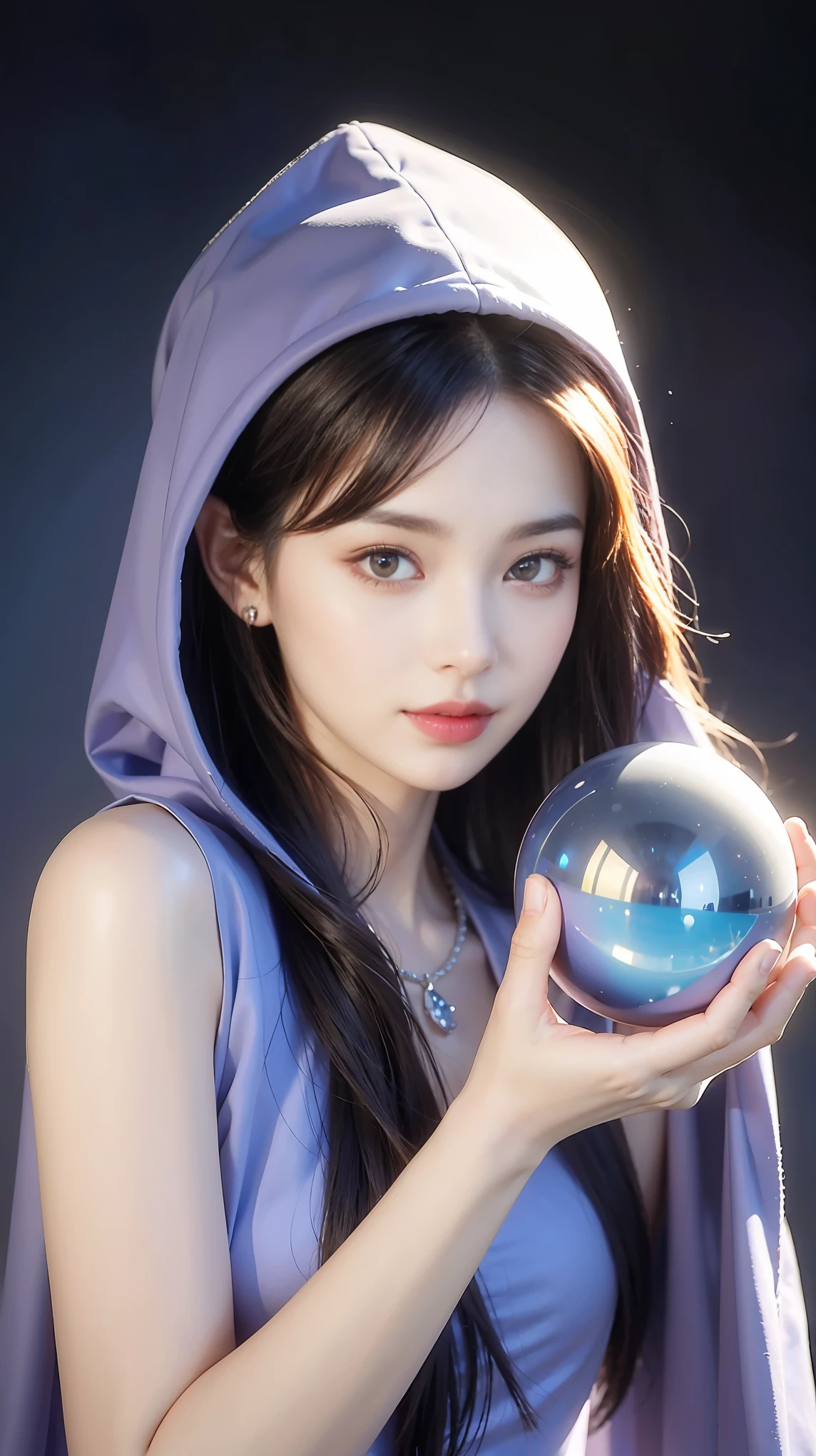 （and soul）（secondary elements）1 girl、blue hair、hair length、blue eyes、gradient eyes、sparkling eyes、bright pupils、finely tuned、expressive eyes、blue clothes、gem、blue lighting、blue theme、（form：1.5）、abstract、highest quality、Super detailed、(((Holding a crystal ball)))、8K,超realistic,(table top, highest quality) Daniela Dimitrescu, 1 female, looking for at Viewer, open your mouth, background, cleavage, real looking skin,jewelry, medium small breasts,  looking for, Upper body, flower, wing, hood, necklace, cape, good, compensate, bug, Lipstick, Inside the Black Cave, precious stone, pale skin, veil, hood up, realistic, black lips,超A high resolution,Purple Flame(Purple Effect)