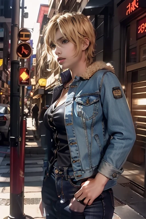 Ren Amamiya　masterpiece　high quality　blonde　very short hair　Jeans jacket　big breasts