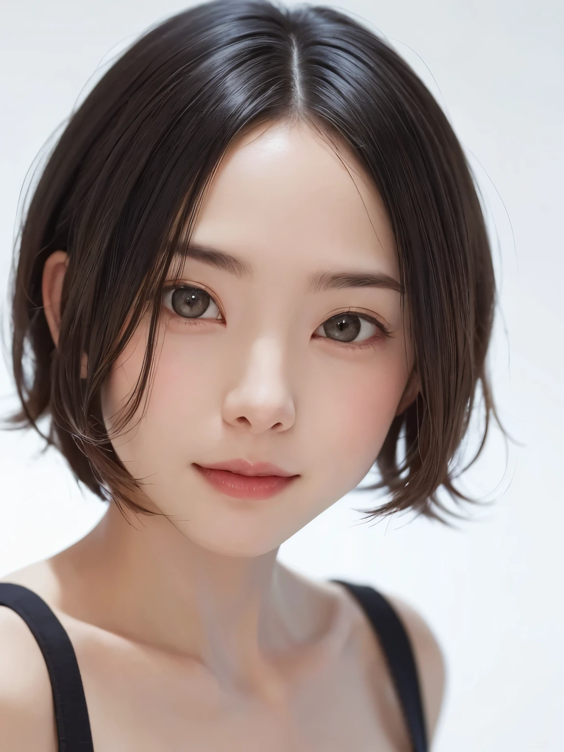 ((masterpiece、1 beautiful girl、detailed eye、前髪のあるshort hair、long neck、Please show your ears))、Big eyes、Clear double eyelids、((highest quality, 超High resolution、stare at the camera)), (reality: 1.4), original photo, 1 girl,cinematic lighting、Japanese、asian beauty、Korean、Super beautiful、beautiful skin、(((very big breasts、Slender、body facing forward)))、(surreal)、(High resolution)、(8K quality)、(very detailed)、(best illustrations)、(beautiful detailed eyes)、(Super detailed)、detailed face、view audience、look straight ahead、neat and clean clothes、No sleeve、short hair、I have black、46 point diagonal bangs、The background is just a pure white background、A neat atmosphere、