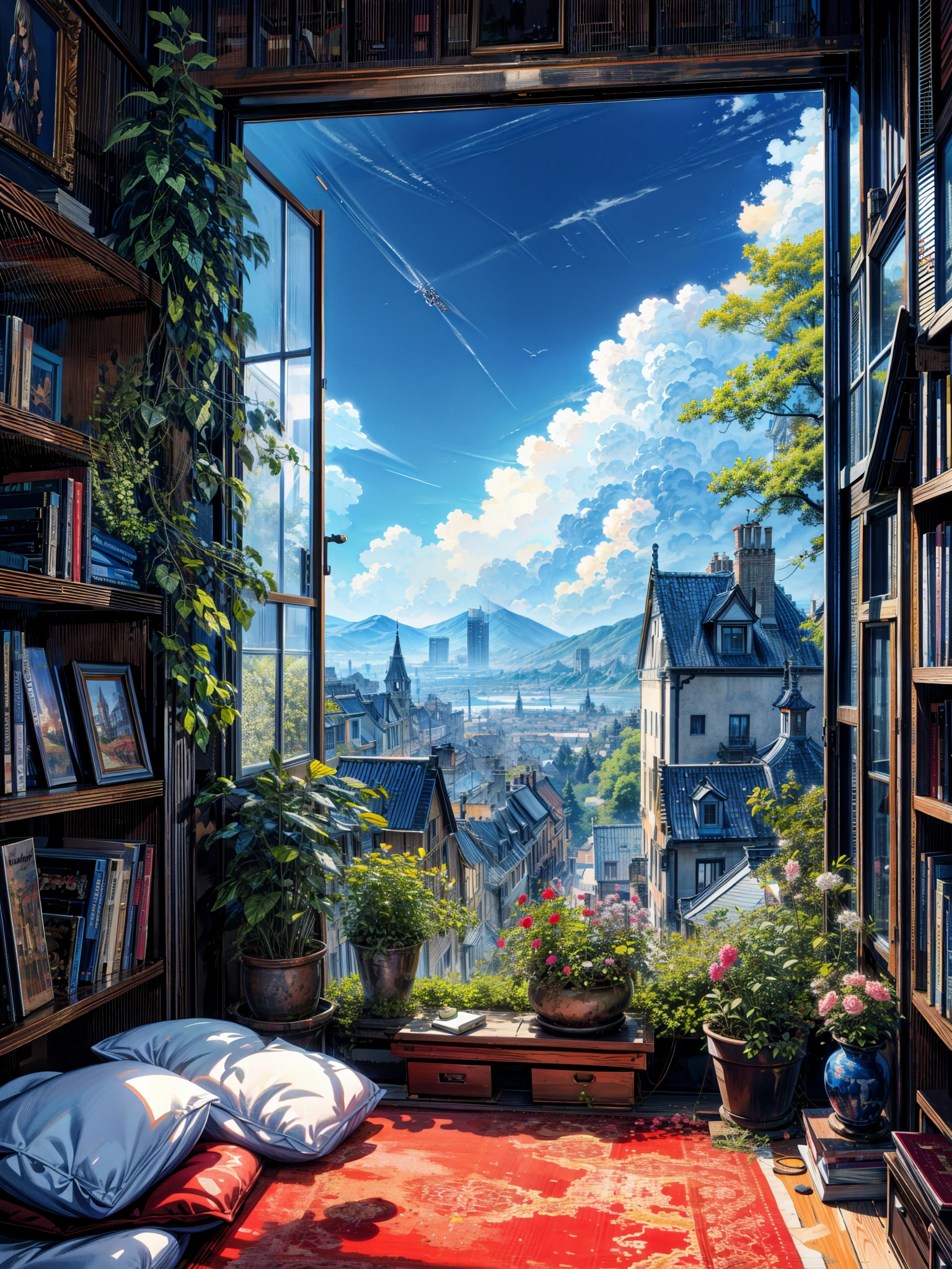 a painting of a window with a view of a city, personal room background, library background, anime landscape, hd anime cityscape, anime / manga, anime nature wallpap, anime landscape wallpaper, books and flowers, anime scenery, dream scenery art, anime wallaper, anime background, beautiful anime art, makoto shinkai and (cain kuga), detailed anime art,  4k hd,, beautiful art uhd 4 k, a beautiful artwork illustration, beautiful digital painting, highly detailed digital painting, beautiful digital artwork, detailed painting 4 k, very detailed digital painting, rich picturesque colors, gorgeous digital painting