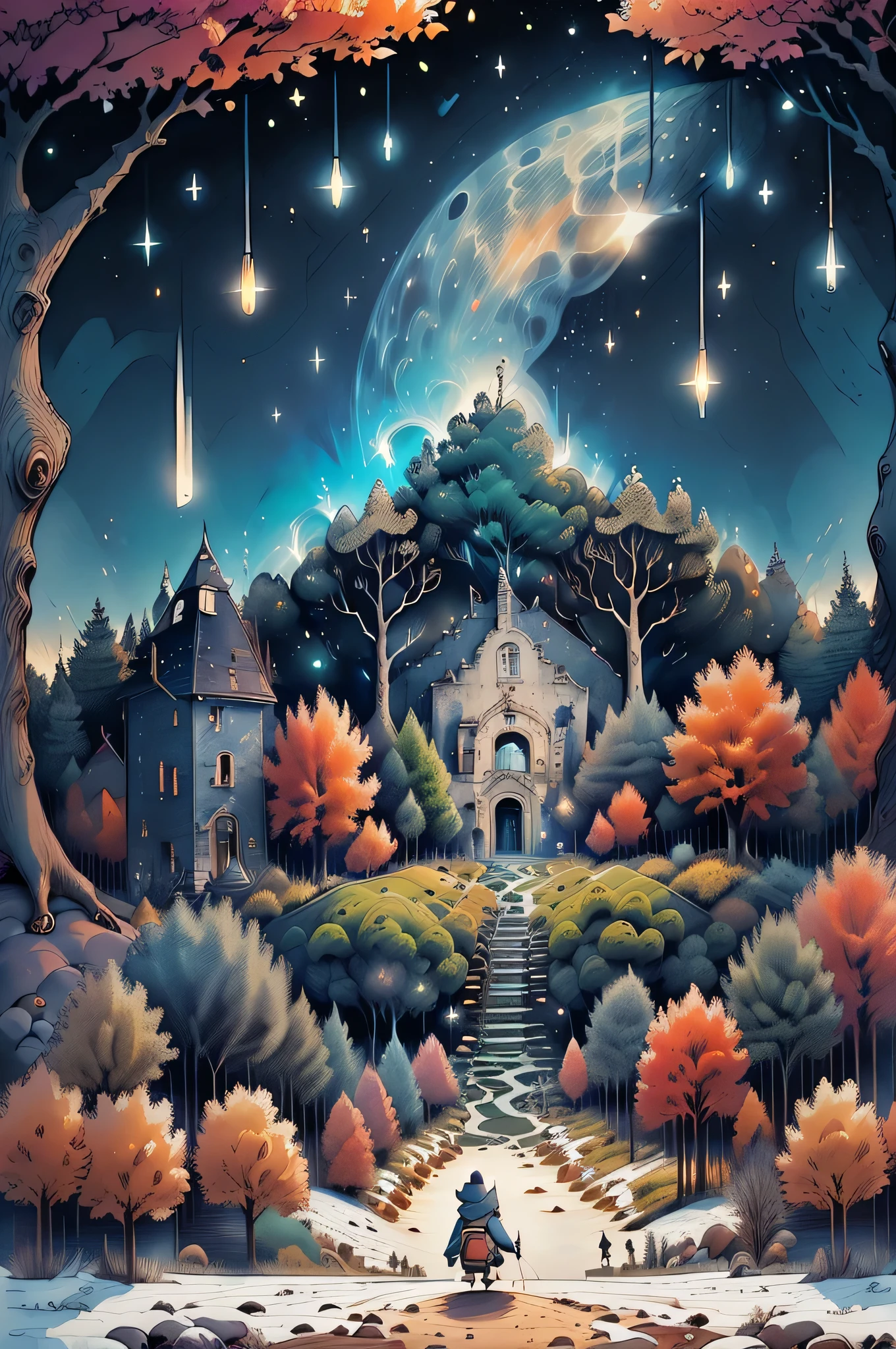 (Masterpiece),(Best Quality:1.0), (ultra high resolution:1.0), detailed illustration, intricate, detailed landscape, Vibrant colors, sunset, clouds, (( magical, beautiful, from another world, trees:1.4 )), (( Best Quality, Vibrant, 32k ,well-defined light and shadows)).