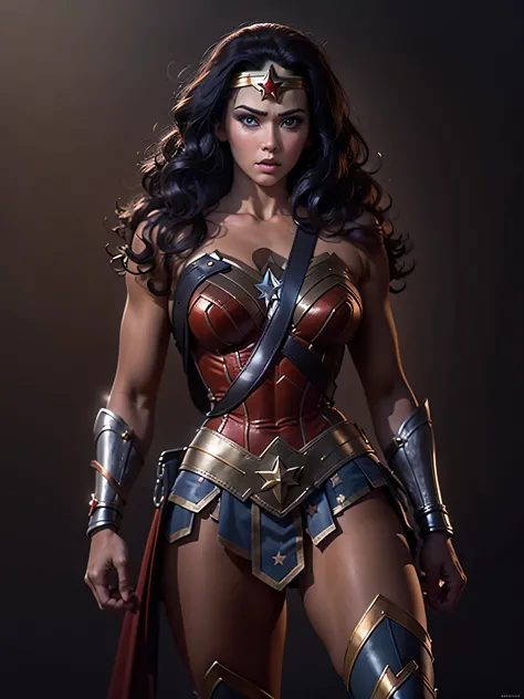 Wonder Woman, natural hair, realistic portrait, 4k, supreme detail, highly detailed, smooth, sharp focus, cinematic lighting,dar...
