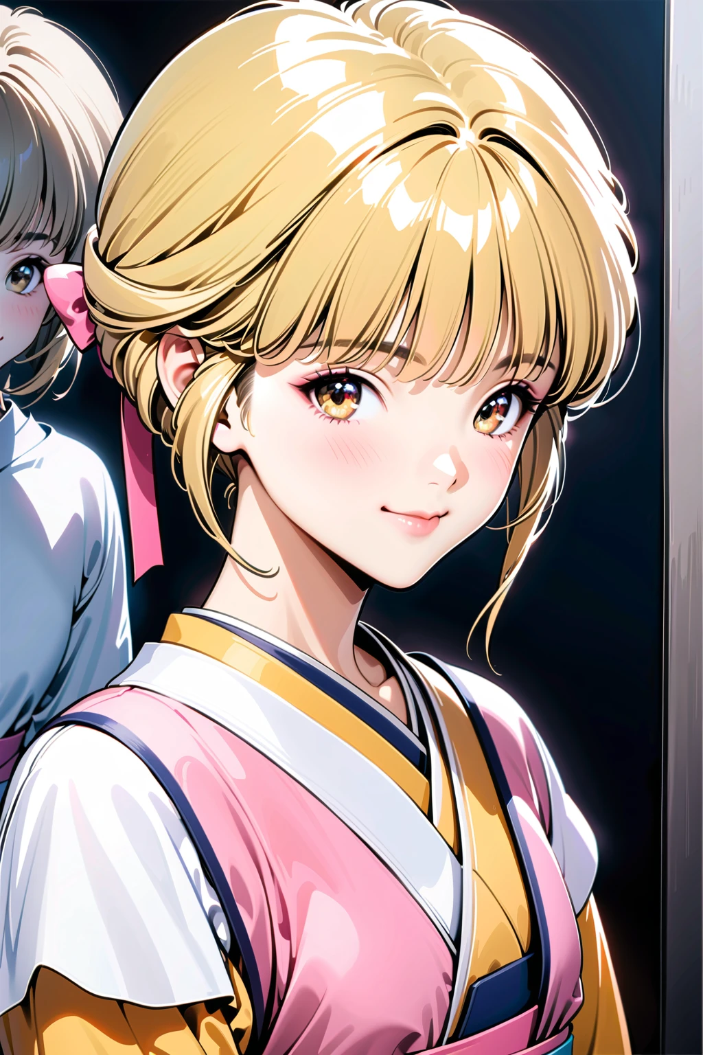 masterpiece, highest quality, divine qualities, godlike art, highly detailed face, very realistic, cute, Ai Amano,1 girl,alone,short hair,blonde hair,smile,closed mouth,brown eyes,Yellow short kimono, white pantyhose, white capelet, pink obi, pink ribbon,simple background,Upper body,Background of the mirror,