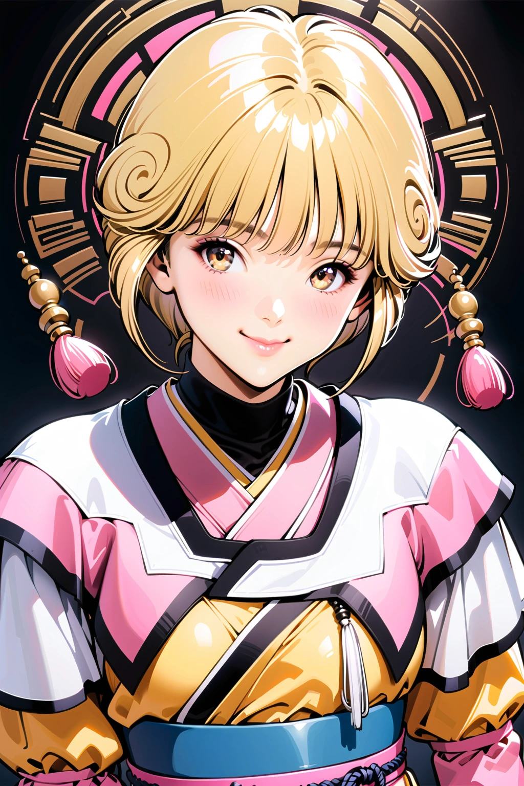 masterpiece, highest quality, divine qualities, godlike art, highly detailed face, very realistic, cute, Ai Amano,1 girl,alone,short hair,blonde hair,smile,closed mouth,brown eyes,Yellow short kimono, white pantyhose, white capelet, pink obi, pink ribbon,simple background,Upper body,Background of two-way mirror,