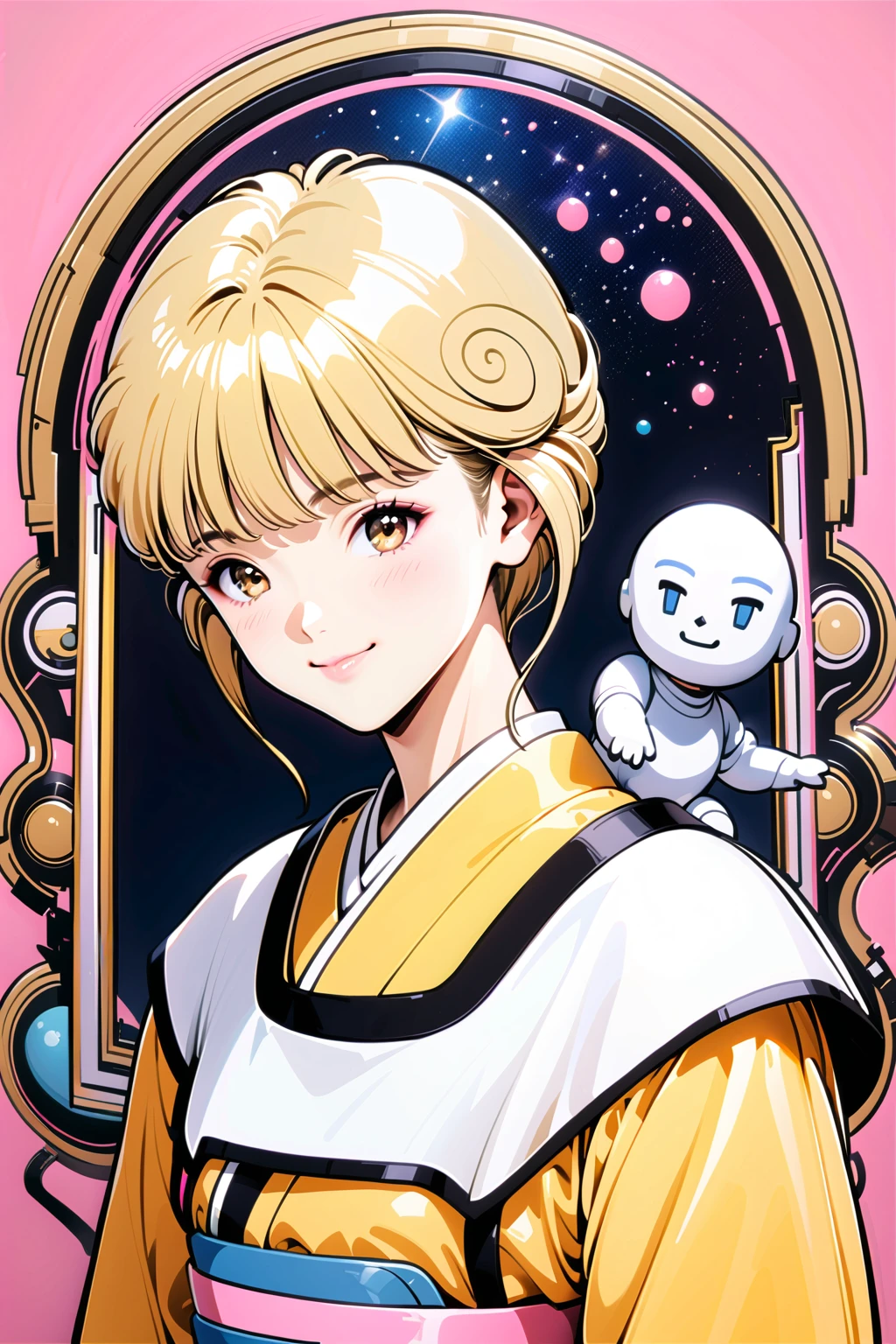 masterpiece, highest quality, divine qualities, godlike art, highly detailed face, very realistic, cute, Ai Amano,1 girl,alone,short hair,blonde hair,smile,closed mouth,brown eyes,Yellow short kimono, white pantyhose, white capelet, pink obi, pink ribbon,simple background,Upper body,Imaginary space background,