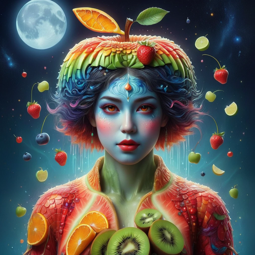 Représentations imaginatives de personnages entièrement constitués de pulpe de fruit，Le personnage est debout dans une pose décontractée，Peut-être qu&#39;une main tient une pomme，Corps en orange，pastèque，kiwi，Fraises et autres tranches de fruits colorées，Un effet mosaïque arc-en-ciel，Le visage est détaillé et expressif，Forme élégante avec zeste de mandarine et yeux de myrtille，(L&#39;arrière-plan représente un dépanneur à minuit:1.8)，(Baigné dans le brouillard gris de la nuit tranquille), (niveau master:1.2), super détails, Réaliste, (photoréalisme:1.3), vue à la première personne, UHD, chef-d&#39;œuvre, précis, Anatomiquement correct, Super détail, Meilleure qualité, 8k