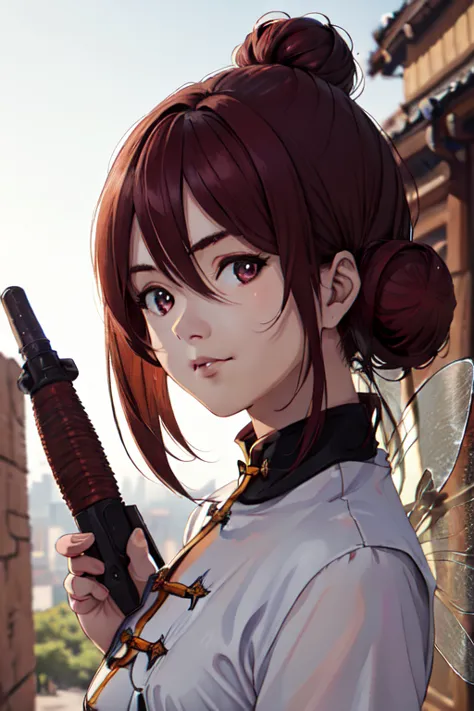 best image quality, masterpiece level, ultra high resolution, realism, fantasy theme, weapons, facial details, girl, single, bun...