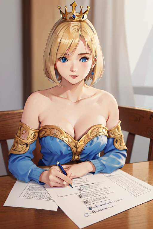 (masterpiece: 1.2, highest quality), realistic, (realistic Picture, intricate details, Depth of the bounds written), highest quality, masterpiece, very detailed, Semi realistic, 1 girl, mature woman, 21 years old, blonde, shoulder-length short hair,, left eye is covered with hair, blue eyes, king&#39;s clothes, Red Mantle, slim body shape, precious gold crown, read the document, Mark a document, goose hair pen, Office Table, soft bench, palace, palaceで, during the middle ages