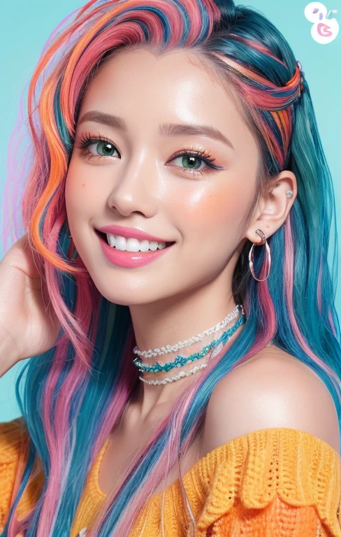 (Top Quality, 4k, Masterpiece: 1.3), realistic korean Woman, 1 realistic Girl, Sexy: 1.1,  multicolored hair (red and black streaked hair), Two-Tier Inverted medium short hair, (Wavy hair:1.3), Long sideburns,low twintails, Glossy, flashy gyaru-inspired front-tie Shirt, off shoulder college jacket, Ultra Detailed Face, Detailed Lips, Detailed Eyes, strawberry lips, rosy checks, smoky eyeshadow, winged eyeliner, joyful smile with showing teeth, fashionable numerous piercings, chocker, nailpolish, fingerless gloves