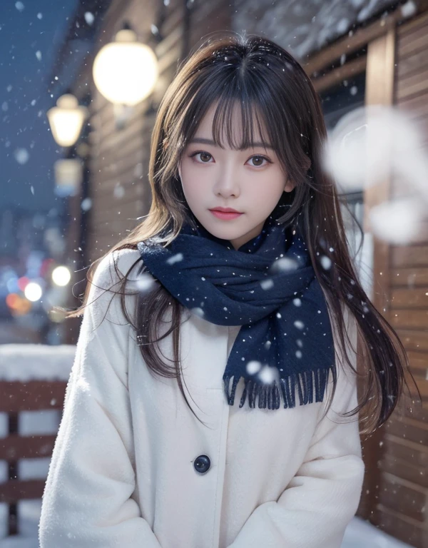 8k, best quality, Medium close-up, （Best quality，8K，tmasterpiece：1.3）Cute and lovely Korean girl, realistic, ultra detail, photo realistic, Increase quality, 
a photo of a girl standing in a night city with a scarf, in the style of dark and brooding designer, voluminous mass, photobash, serene faces, jagged edges, navy, natural beauty, close-up shot , cold atmosphere , winter atmosphere , Skin texture is natural、、The skin looks healthy with an even tone、 Use natural light and color,One Woman,japanes,,kawaii,A dark-haired,Middle hair,(depth of fields、chromatic abberation、、Wide range of lighting、Natural Shading、)、(Exterior light at night:1.4)、(Falling snow:1.3)、(Hair swaying in the wind:1.2)、(Light reflecting snow:1.0)
