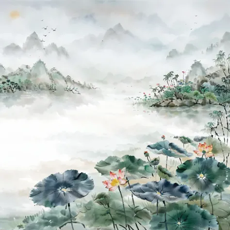 Ink painting, qi baishi, lake, pavilion, tower, lotus leaf, (lotus: 1.3), morning, sun, ink painting, traditional Chinese landsc...