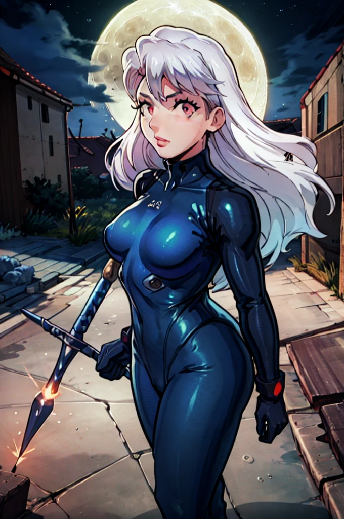  illyasviel_von_einzbern in the style of evangelion, shiny_skin, (clothe inspired by evangelion, aliens, gunbuster, gunnm, metal gear, death stranding), impossible_clothes, bodysuit, white & red bodysuit, suit, pilot suit, jumpsuit, plugsuit, armor, shiny_clothes, jacket, cybernetics suit, gloves, gainax anime style, studio gainax art, studio gainax illustration, inspired by Masamune Shirow, studio gainax, big breasts, two_side_up, full body, can't be this cute, girl on top, long_hair, white_hair, silver_hair, floating_hair, hair_between_eyes, asymmetrical hair, red_eyes, looking_at_viewer, outdoors, holding, holding_weapon, Spear of Longinus, cowboy_shot, background, glowing, moon, red, red moon, full_moon, moonlight, star_(sky), night, city, building, cityscape, science_fiction, ((mature female, mature, milf)), 