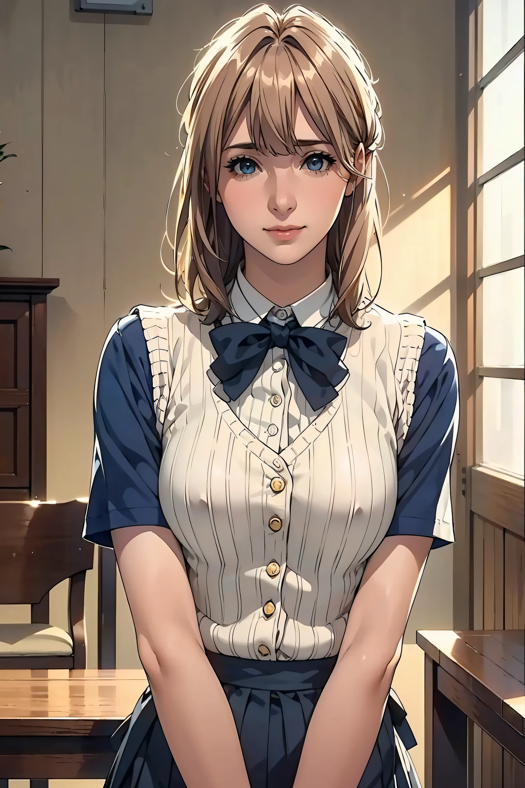 (masterpiece:1.2, highest quality), (realistic, photorealistic:1.4), beautiful illustrations, (natural side lighting, movie lighting), Depth of written boundary, 
looking at the viewer, (face focus, Upper body), Front view, 1 girl, English, high school girl, 15 years old, perfect face, Cute symmetrical face, shiny skin, 
(bob hair:1.7,blonde), asymmetrical bangs, Big eyes, droopy eyes, long eyelashes chest), thin, 
beautiful hair, beautiful face, fine and beautiful eyes, beautiful clavicle, beautiful body, beautiful breasts, beautiful thighs, beautiful feet, beautiful fingers, 
((fine fabric texture, Brown knitted vest, short sleeve white collar shirt, navy pleated skirt, Navy bow tie)), 
(beautiful scenery), evening, (Inside the flower shop), Are standing, (smile, Upper grade, open your mouth),  (((skirt lift, I can see your panties)))