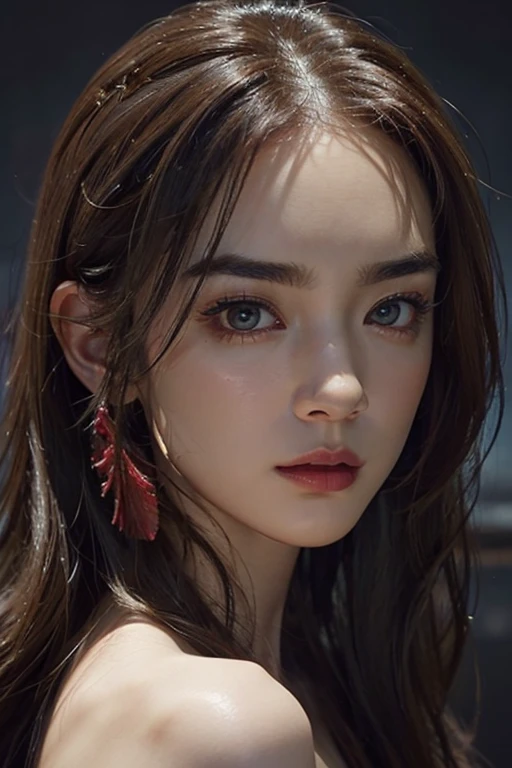 Roughcraft&#39;s Worldから来た女性のエイリアン, Super detailed artistic photography, midnight aura, night sky, Detailed gorgeous face, dream-like, shine, with backlight, Glamour, sparkling, (very detailed face and eyes:1.2), (High resolutionの光る赤い目:1.4), perfect anatomy, (Beautiful toned body:1.5), (Moisturized skin:1.2), no makeup, (Bear:1.1),(thick eyebrows:1.2), long canines. Smooth, extRa High resolution, 8K, unreal engine 5, super sharp focus, Art by Alberto Seveso, art germ, Barbaric, SF, Complex芸術作品の傑作, evil, Matte Movie Poster with Image, golden ratio, Trending on CGsociety, Complex, wonderful, Trending with ArtStation, author: art germ, H. R. Giger and Beksinski, very detailed, Roughcraft&#39;s World,  cthulhu, vibration, drawing cinematic characters, Ultra high quality model, cinematic quality, Detail up, (Complex details:1.2), High resolution, High resolution, draw faithfully, (thick eyebrows:1.2), (big scarlet eyes:1.3)