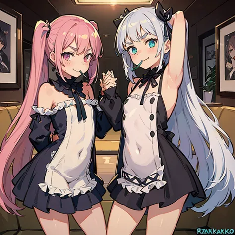 2 girls with pink hair, long twin-tail hairstyle, ((small pink bushy eyebrows)), dressed in gothic lolita clothing, lolicon (zan...