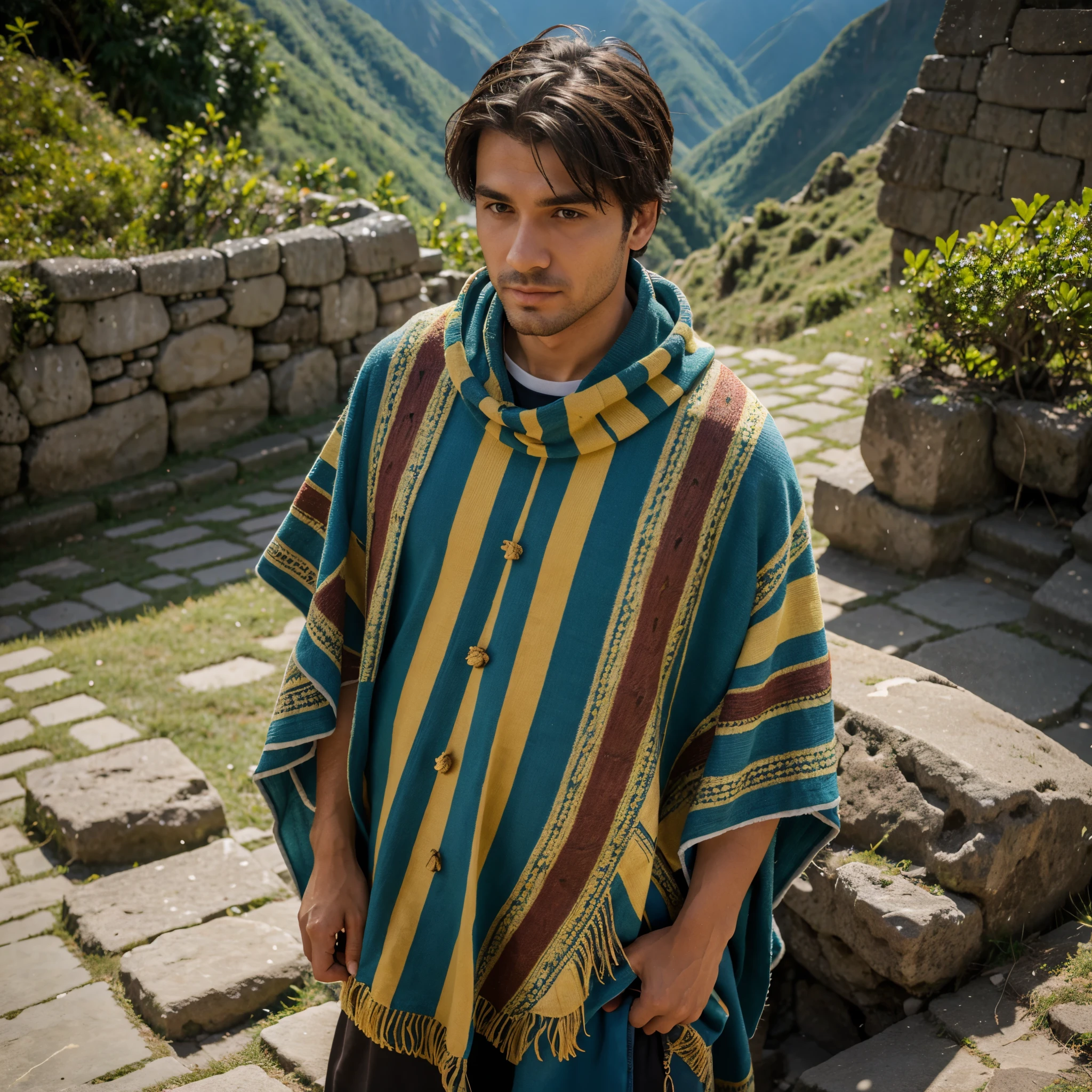 enzo vogrincic usando un chullo y poncho peruano en machuca picchu