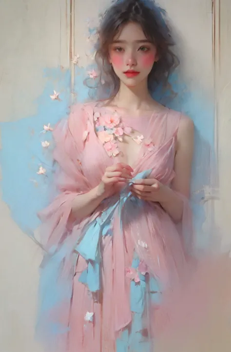 1girls,floral, lycianthus ,in light pink and light blue styles..., dreamy and romantic composition..., dripping flowers on her f...