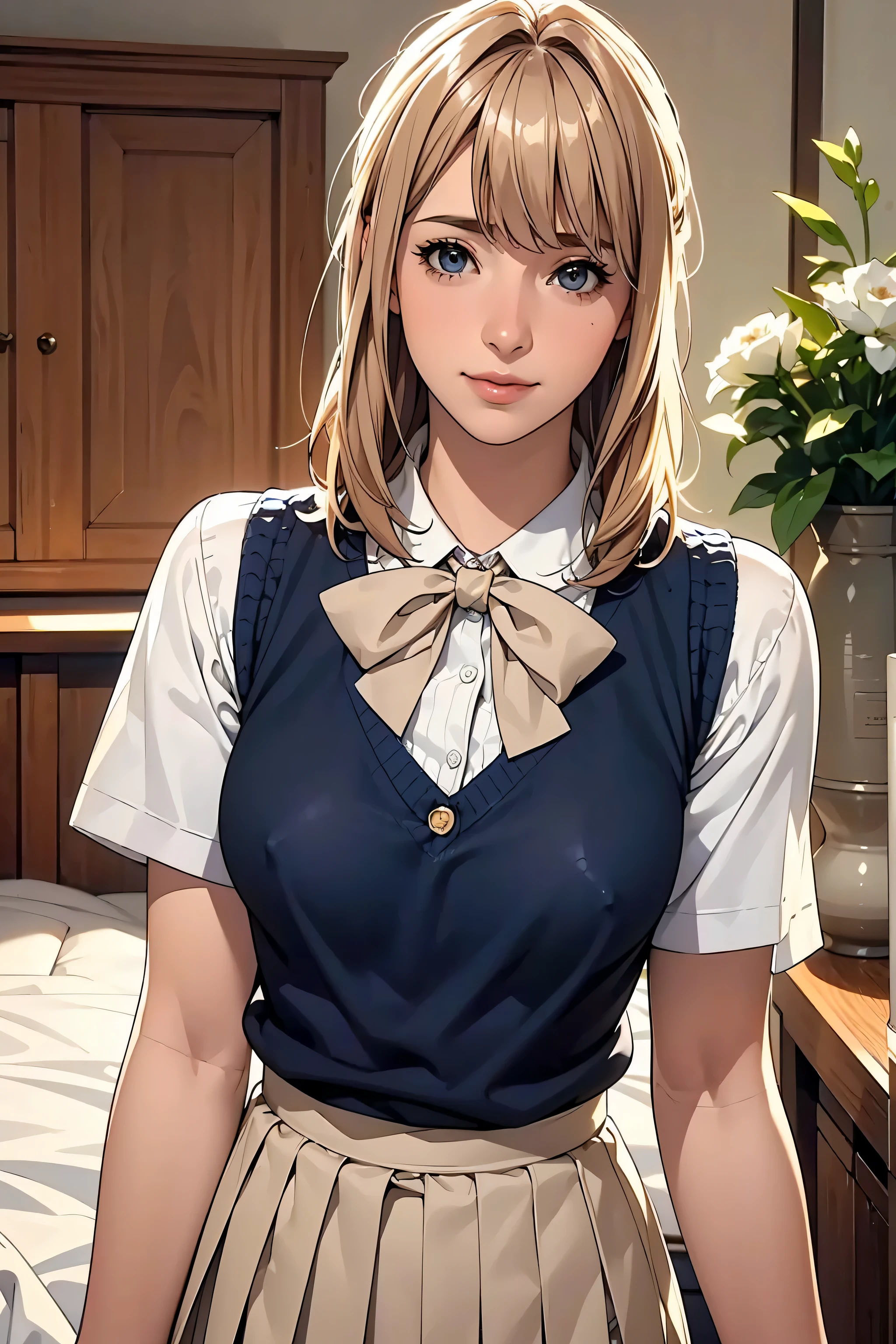 (masterpiece:1.2, highest quality), (realistic, photorealistic:1.4), beautiful illustrations, (natural side lighting, movie lighting), Depth of written boundary, 
looking at the viewer, (face focus, Upper body), Front view, 1 girl, English, high school girl, 15 years old, perfect face, Cute symmetrical face, shiny skin, 
(bob hair:1.7,blonde), asymmetrical bangs, Big eyes, droopy eyes, long eyelashes chest), thin, 
beautiful hair, beautiful face, fine and beautiful eyes, beautiful clavicle, beautiful body, beautiful breasts, beautiful thighs, beautiful feet, beautiful fingers, 
((fine fabric texture, Brown knitted vest, short sleeve white collar shirt, navy pleated skirt, Navy bow tie)), 
(beautiful scenery), evening, (Inside the flower shop), Are standing, (smile, Upper grade, open your mouth),  (((skirt lift, I can see your panties)))