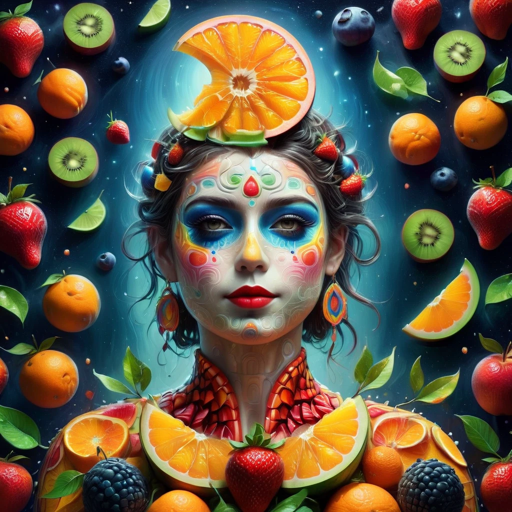 Representações imaginativas de personagens feitos inteiramente de polpa de fruta，O personagem está em pé em uma pose casual，Talvez uma mão segurando uma maçã，Corpo feito de laranja，melancia，kiwi，Morangos e outras fatias de frutas coloridas，Um efeito de mosaico semelhante ao arco-íris，O rosto é detalhado e expressivo，Elegantemente modelado com casca de tangerina e olhos de mirtilo，(O fundo retrata uma loja de conveniência à meia-noite:1.8)，(Banhado na névoa cinzenta da noite tranquila), (Nível mestre:1.2), Super detalhes, realista, (fotorrealismo:1.3), visão em primeira pessoa, Ultra HD, obra de arte, preciso, Anatomicamente correto, Super Detalhe, melhor qualidade, 8K