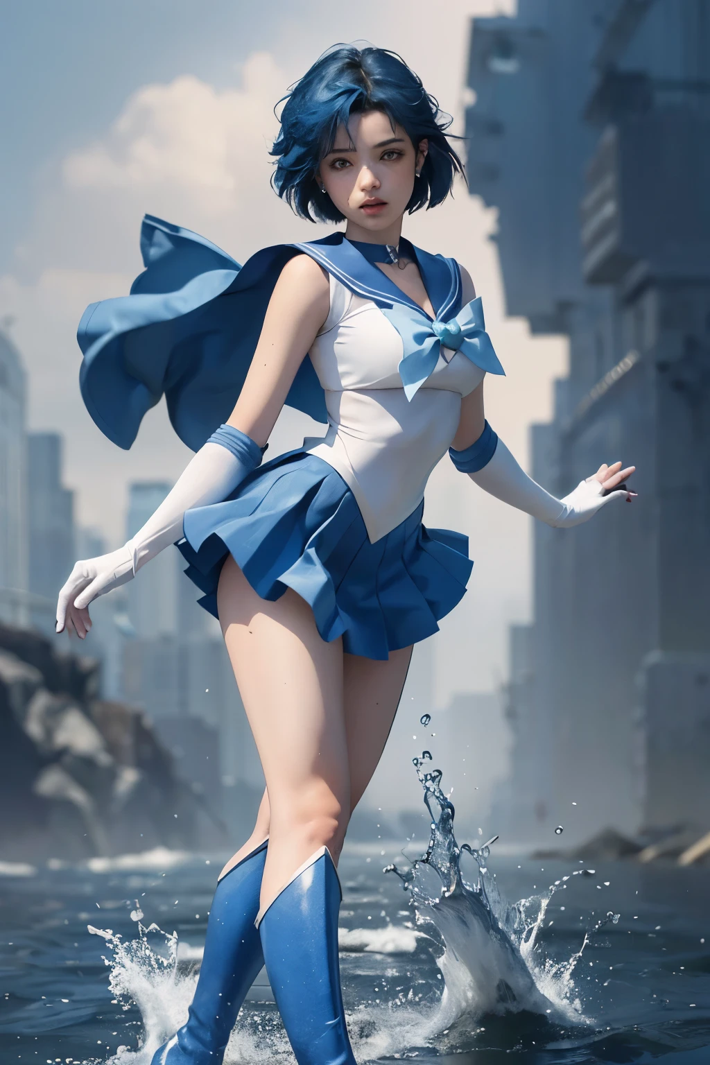 1 girl,chest,gloves,lips,alone,sailor mercury,blue eyes,uniform,See more1,tiara,sailor warrior uniform,(Raw photo, highest quality),masterpiece,disorganized,sexy,floating short blue hair,blue sailor collar,bow,(knee boots:1.1),choker,white gloves,blue choker,elbow gloves,jewelry,earrings,blue skirt,only,full body,blue hair,(Perfect hand-drawn hands):3.8,octane rendering,Water God々The beauty,