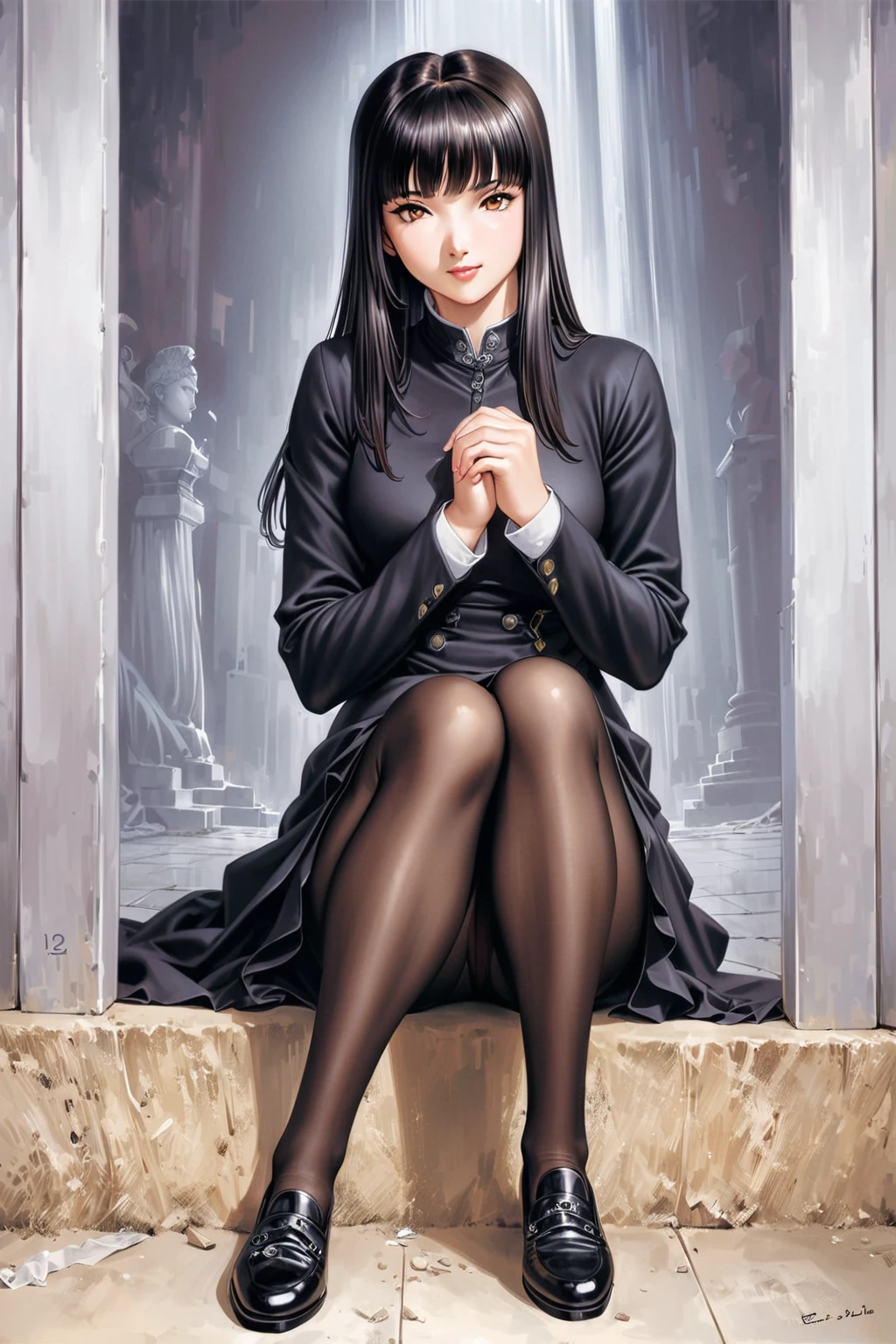 (masterpiece: 1.2, highest quality), realistic, (realistic Picture, intricate details, Depth of the bounds written),  Hanabi, 1 girl, alone, pantyhose, black hair, dress, sitting, long sleeve, Put your own hands together, black dress, looking at the viewer, black footwear, black pantyhose, shoes, smile, traditional media, full body, bangs, 