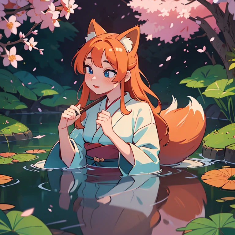 (best quality,4k,8k,highres,masterpiece:1.2),ultra-detailed,(realistic,photorealistic,photo-realistic:1.37),beautiful detailed eyes,beautiful detailed lips,extremely detailed eyes and face,long eyelashes,1girl, Kitsune, fox ears, fox tail, long orange hair, blue eyes,soft lighting,mystical atmosphere,vibrant colors,traditional Japanese art style,flowing kimono,enchanted garden,falling cherry blossoms,autumn leaves,shimmering pond,hint of magic