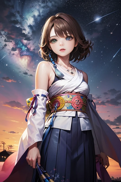 (masterpiece, highest quality), 1 girl, Unax, heterochromia, removed sleeve, kimono, sash, heart, Skirts too,purple、starry sky