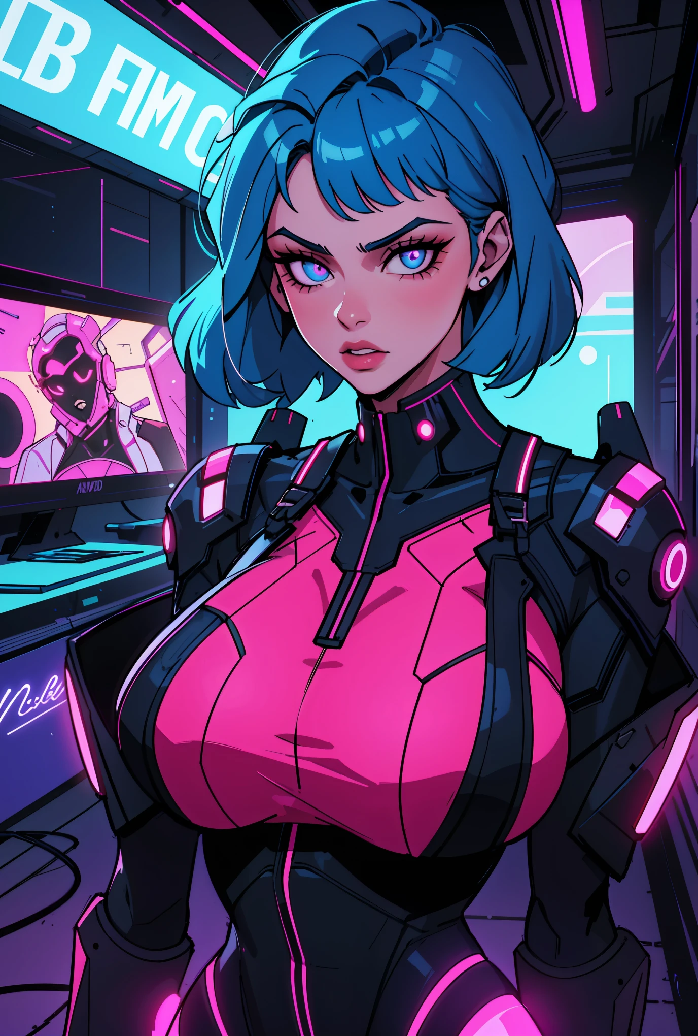 ein digitales Gemälde einer Frau mit blauen Haaren, cyberpunk art by Josan Gonzalez, Gewinner des Behance-Wettbewerbs, Afrofuturismus, Synthwave, Neon, glowing Neon, riesige Brust