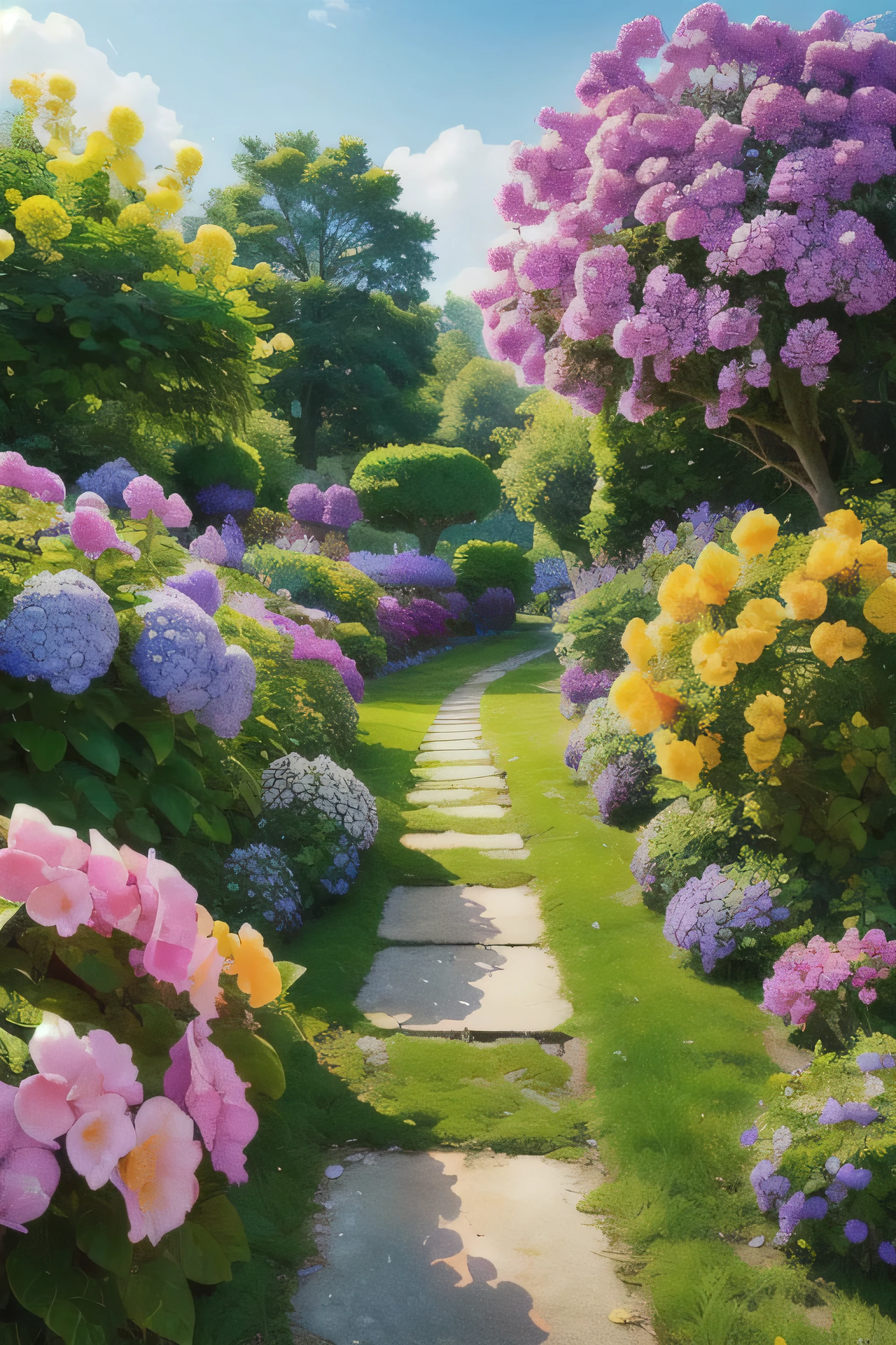 (Réaliste:1.5) Blue hortensia、couleurs vives、Paysage de conte de fées, paysage, nul, hortensia, Fleurs pourpres, signe, jardin, thème vert,