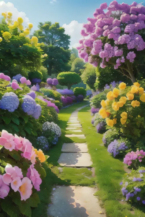 (realistic:1.5) Blue hydrangea、bright colors、Fairytale Landscape, scenery, null, hydrangea, purple flowers, sign, garden, green ...