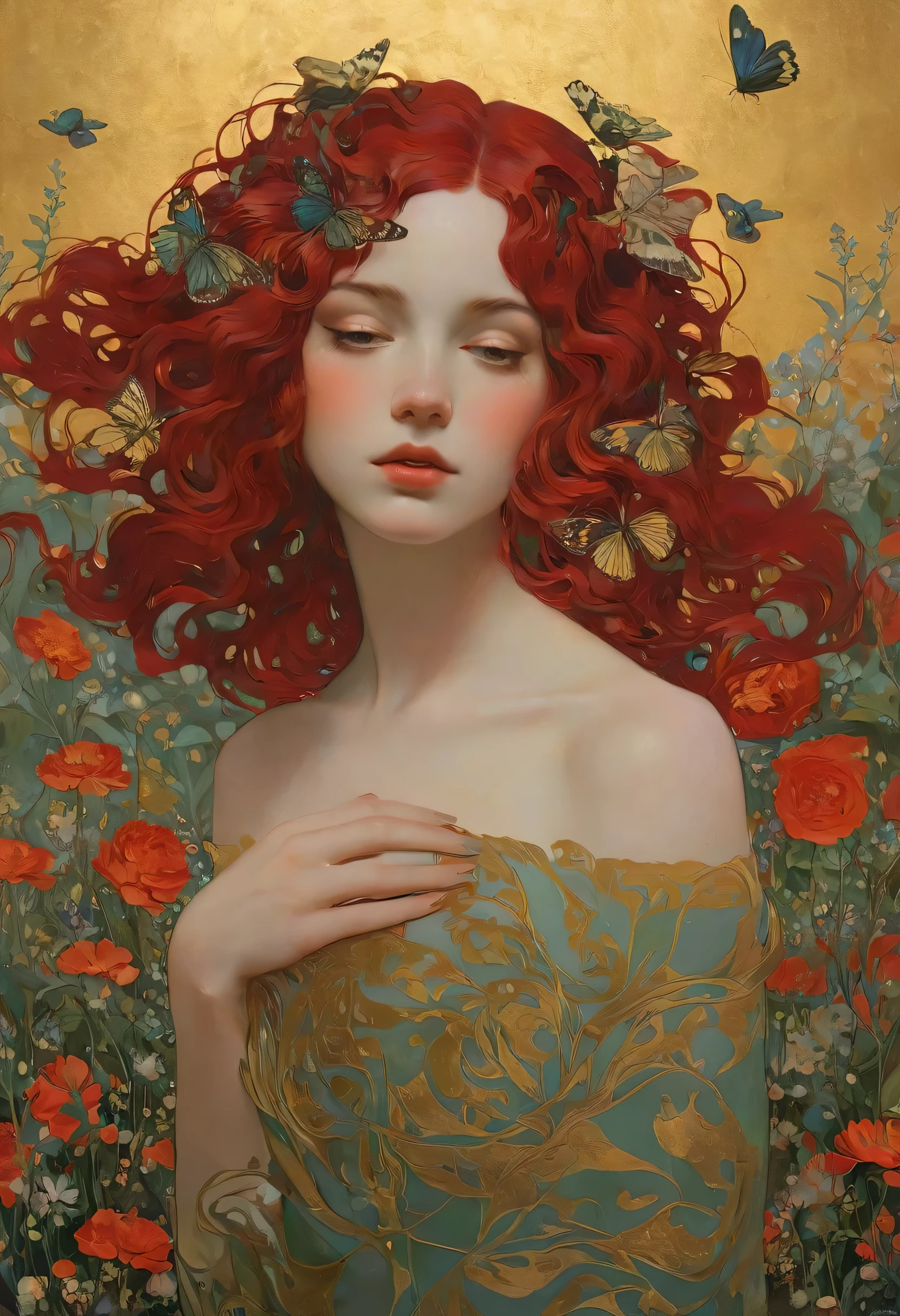 uma pintura de uma mulher com uma coroa de flores na cabeça, deusa das flores, mulher em flores, ela tem uma coroa de flores, uma deusa em um campo de flores, coberto de flores, Mucha Klimt e Tom Bagshaw, garota em flores, Perséfone na primavera, rainha das flores, deusa da primavera, arte de jinyoung shin, retrato feminino com flores, Foto CRU de (adulto:1.3),uma explosão feminina de cascatas carmesim picantes,entrelaçando magia e tecnologia com um fascínio viscoso desaparece nas sombras,numa obra-prima neo-expressionista de abraço dourado,topless,seios pequenos,cabelo entre os olhos,(magrelo, corpo magro:0.4),(claro-escuro:1.3),(obra-prima de renderização de octanas,escala de obra-prima,bela profundidade de campo,campo ultra amplo,perspectiva CG ultra detalhada,iluminação ultra dinâmica sombras incríveis,iluminação dramática), Transmitir a sensação de força interior e confiança. Apresente um gentil, neblina atmosférica no meio ambiente, criando uma difusão suave de luz e dando a impressão de aura e presença dourada.