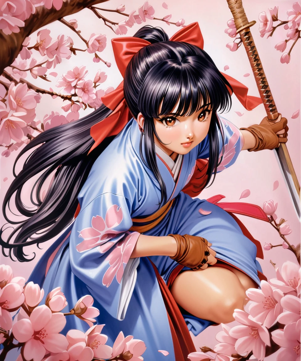 (masterpiece: 1.2, highest quality), realistic, (realistic Picture, intricate details, Depth of the bounds written), Sakura, 1 girl, arms, alone, sword, kimono, bow, black hair, red bow, long hair, brown eyes, gloves, petal, fingerless gloves, cherry blossoms, knife, hair bow, ponytail, kimono, Similarly, Similarly skirt, traditional media,