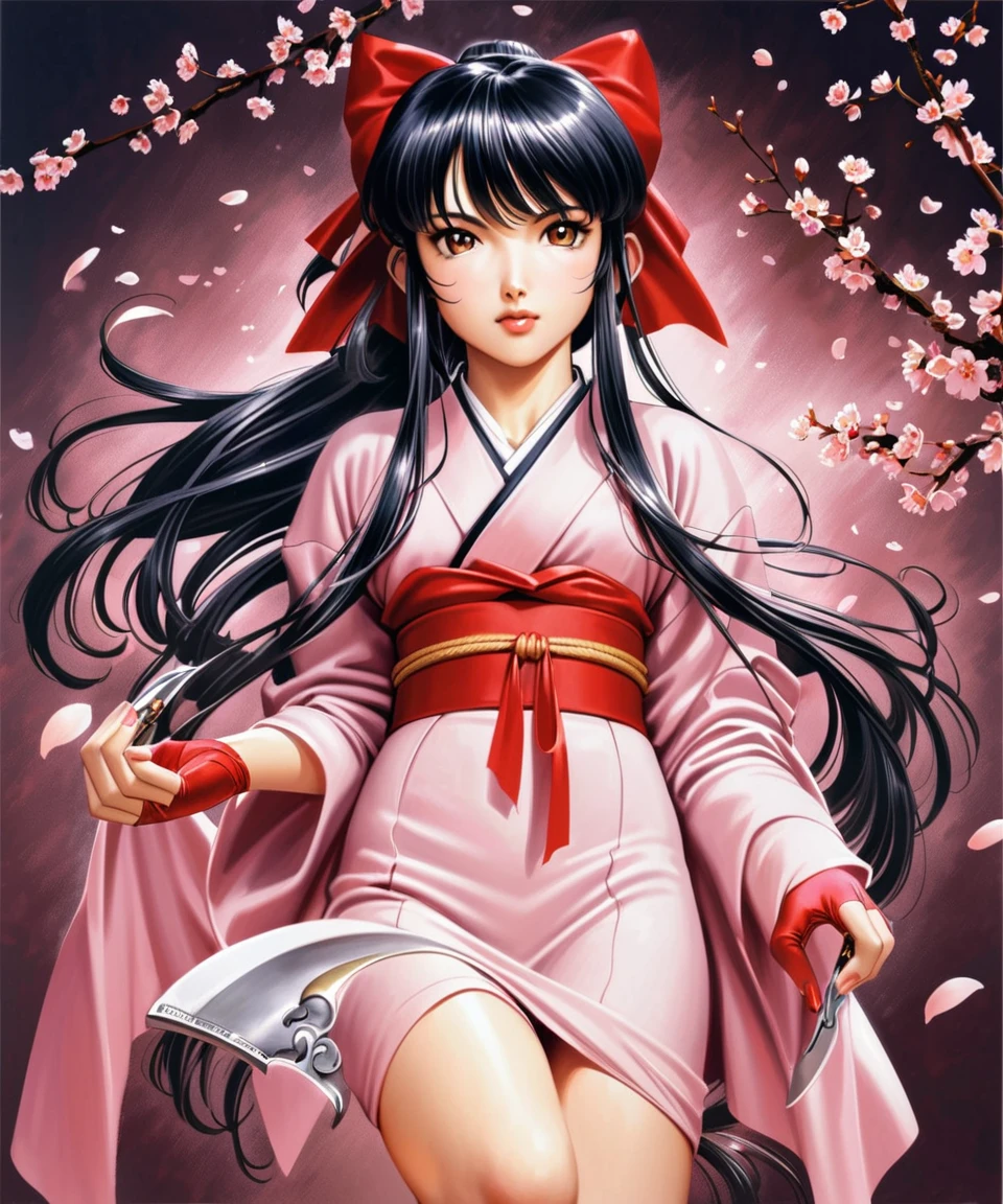 (masterpiece: 1.2, highest quality), realistic, (realistic Picture, intricate details, Depth of the bounds written), Sakura, 1 girl, arms, alone, sword, kimono, bow, black hair, red bow, long hair, brown eyes, gloves, petal, fingerless gloves, cherry blossoms, knife, hair bow, ponytail, kimono, Similarly, Similarly skirt, traditional media,