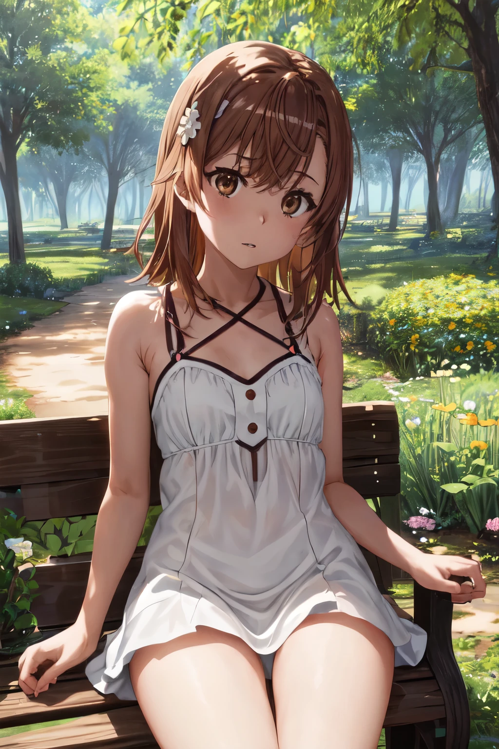 Anime girl sitting on a bench in a park with flowers - SeaArt AI