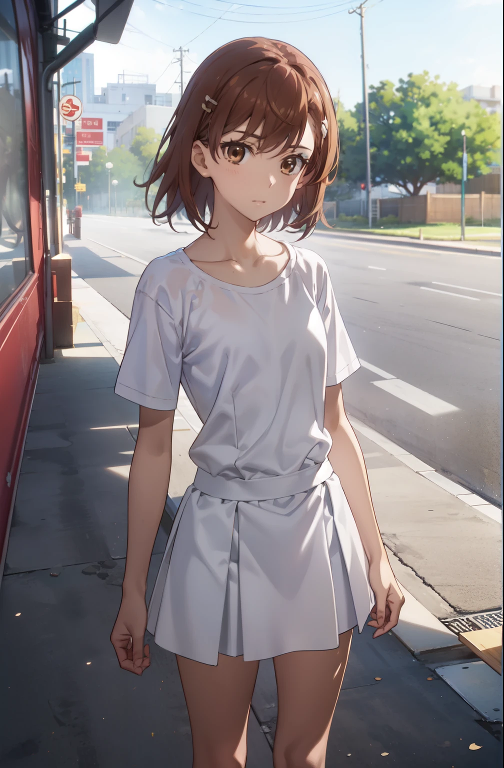 Anime girl in short dress standing on sidewalk next to bus - SeaArt AI