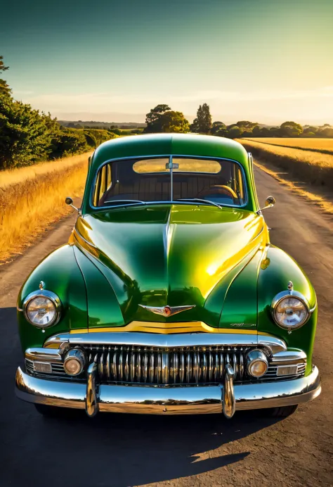 arafed image of a green and yellow car parked on a road, a portrait by wayne england, pixabay contest winner, photorealism, in s...