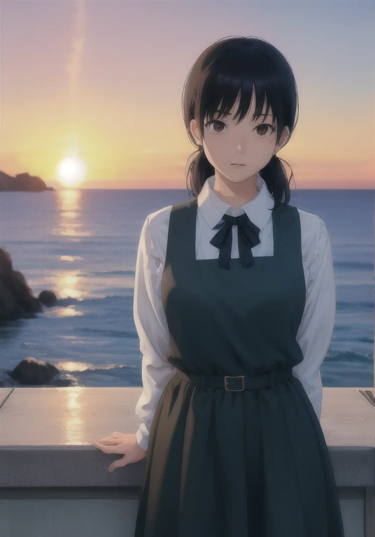 ray tracing, absurdres, offical art, illustration, (((masterpiece))),(((best quality))),((ultra-detailed)), hayao miyazaki style, 1girl, aged_up, solo, looking at viewer, arms behind back, asa_mitaka, black hair, black ribbon, pinafore dress, anime, black pinafore dress, brown eyes, upper-body, sea, sunset