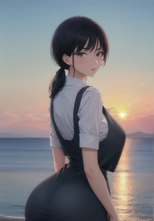 ray tracing, absurdres, offical art, illustration, (((masterpiece))),(((best quality))),((ultra-detailed)), hayao miyazaki style, 1girl, aged_up, solo, looking at viewer, arms behind back, asa_mitaka, big breasts, huge ass, huge breasts, huge thighs, narrow waist, wide hips, thick thighs, curvy, black hair, black ribbon, pinafore dress, anime, black pinafore dress, brown eyes, upper-body, sea, sunset