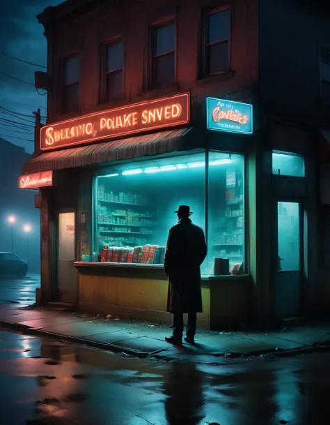 (a midnight convenience store),(a drunkard in front of a convenience store), (pitch-black sky), (desolate landscape), (lonelines...