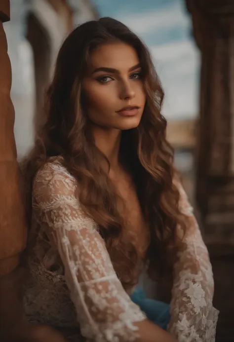 A close up of a woman with long hair wearing a white shirt - SeaArt AI