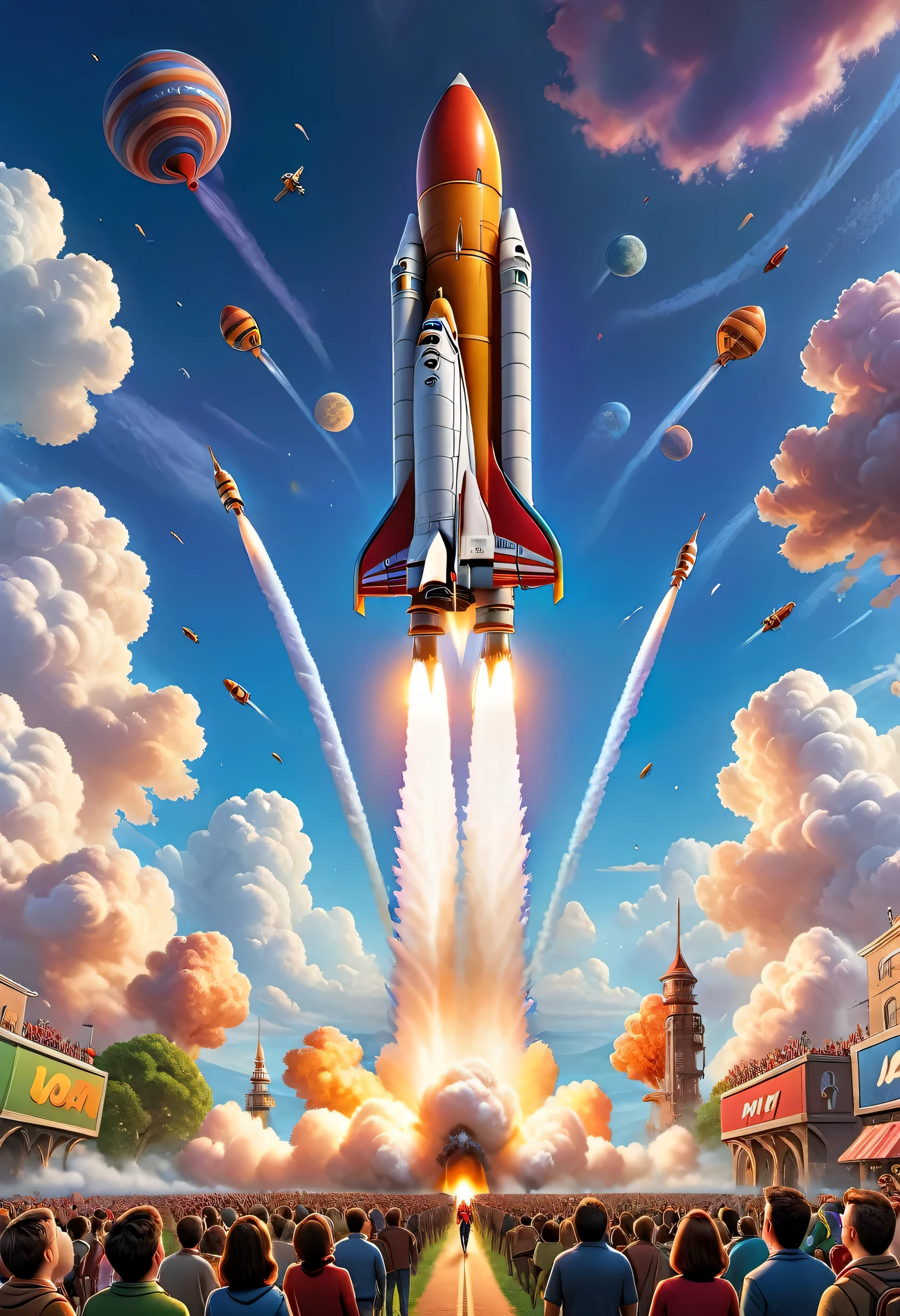 (masterpiece), (best quality), illustration, super detailed, high dynamic range, depth of field, (rich and colorful), ,rocket launching into the sky，People waving excitedly below，cartoon，comics，Pixar