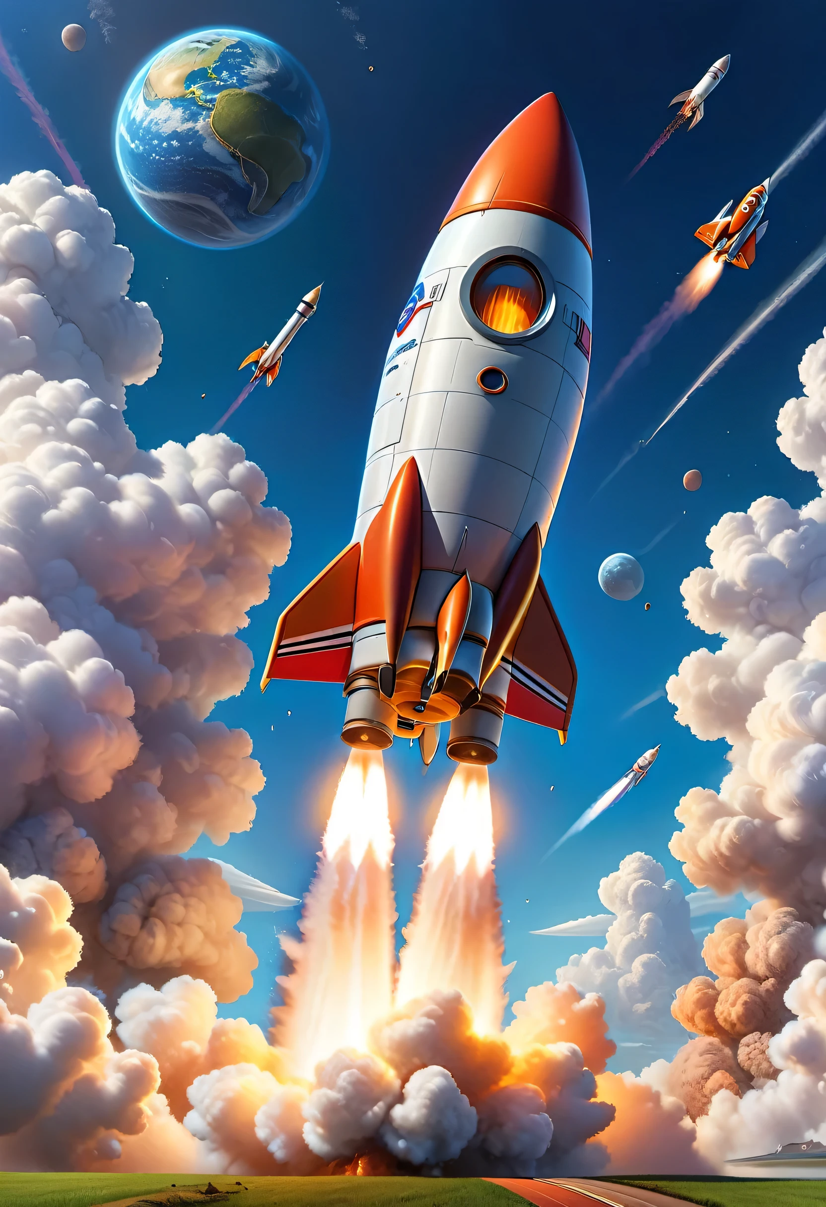 (masterpiece), (best quality), illustration, super detailed, high dynamic range, depth of field, (rich and colorful), ,rocket launching into the sky，cartoon，comics，Pixar