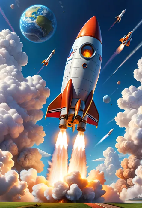 (masterpiece), (best quality), illustration, super detailed, high dynamic range, depth of field, (rich and colorful), ,rocket la...